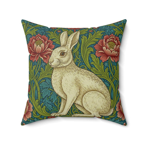 Vintage Hare Faux Suede Cushion | William Morris Style Botanical Pillow