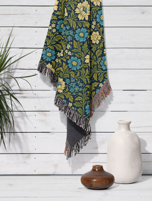 William Morris Inspired Woven Blanket | Teal Floral Cotton Throw