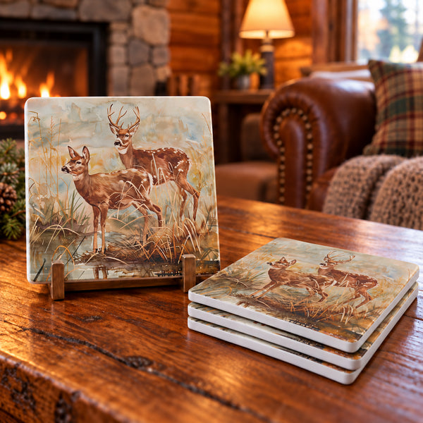 Deer at the River's Edge Soapstone Coasters | Woodland Set of 4