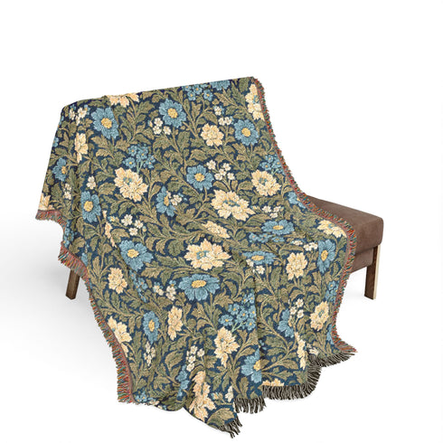 William Morris Inspired Woven Blanket | Teal Floral Cotton Throw