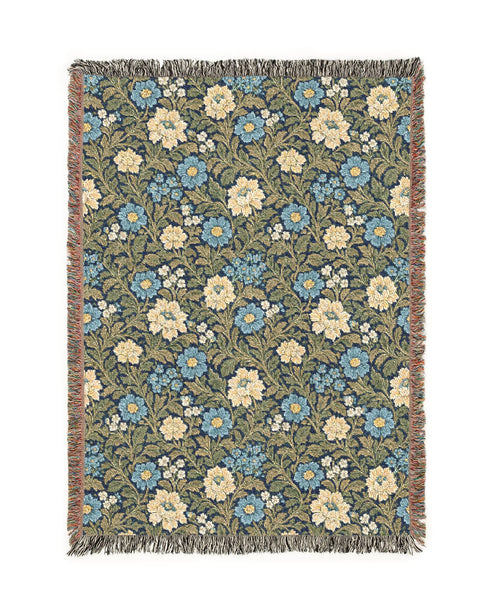 William Morris Inspired Woven Blanket | Teal Floral Cotton Throw