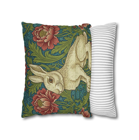 Vintage Hare Faux Suede Cushion | William Morris Style Botanical Pillow