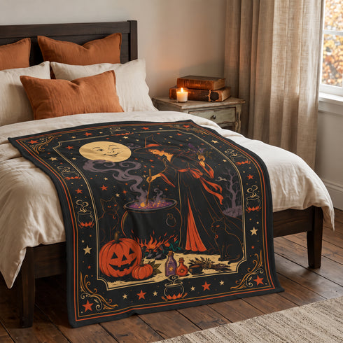 Vintage Witch Halloween Blanket | Cauldron, Black Cat & Pumpkin Throw