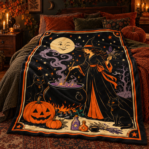 Vintage Witch Halloween Blanket | Cauldron, Black Cat & Pumpkin Throw