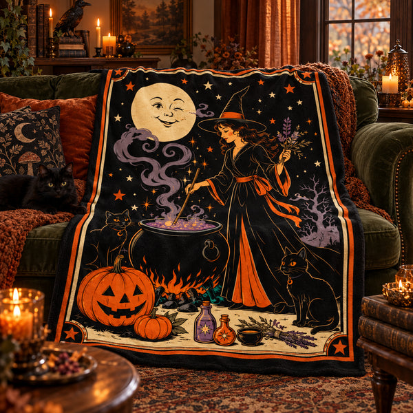 Vintage Witch Halloween Blanket | Cauldron, Black Cat & Pumpkin Throw