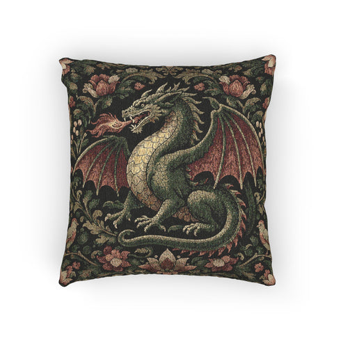 Medieval Dragon Floral Woven Cushion | Gothic Tapestry Pillow