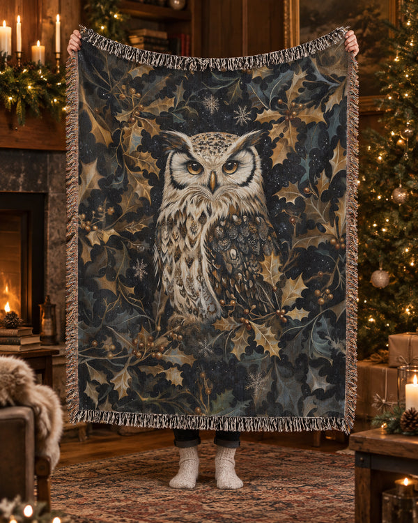 Woodland Owl & Holly Woven Cotton Throw Blanket – Christmas Jacquard Forest Tapestry