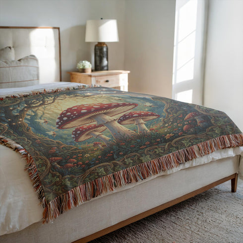 Mushroom Woven Cotton Throw Blanket – Bohemian Cottagecore Nature Tapestry