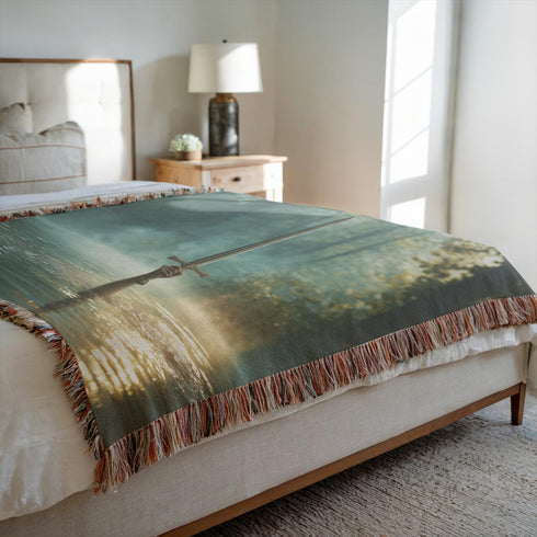 Lady of the Lake Excalibur Woven Blanket | Arthurian Cotton Throw