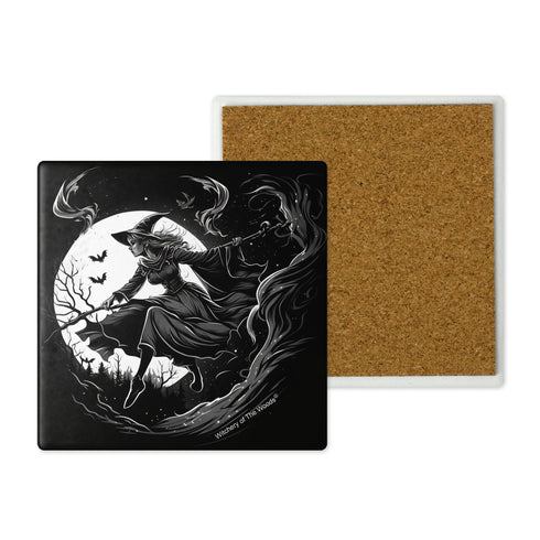 Wise Witch In The Woods Black and White Stone Coasters Set