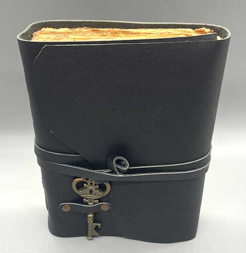 Aged Paper Black Leather Blank Page Journal with Cord and Brass Key Closure