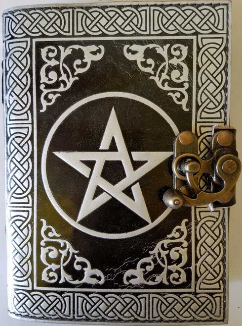Black Leather with Silver Pentagram and Celtic Knots Blank Leather Book of Shadows with Brass Latch
