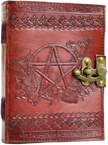Pentagram with Witchcraft Tools Blank Leather Book Of Shadows with Brass Latch