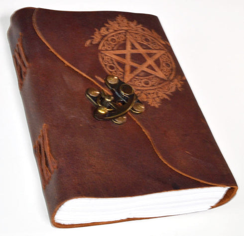 Leather Wave Opening Celtic Circle Pentagram Blank Book Of Shadows with Brass Latch