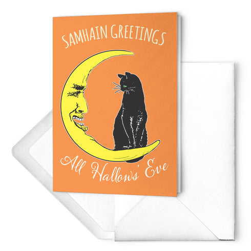 Black Cat Talking to Moon Samhain Greetings Card Sets