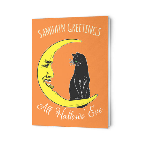 Black Cat Talking to Moon Samhain Greetings Card Sets