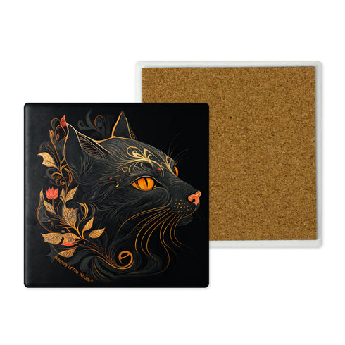 Black cat in the autumn forest stone coaster set