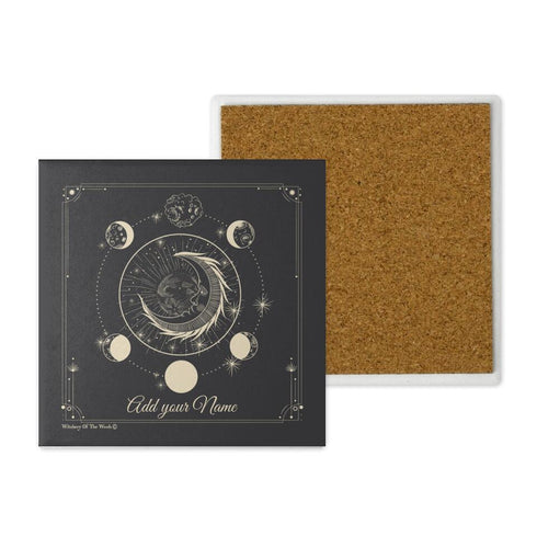 Celestial moon and moon phase personalised stone coaster set