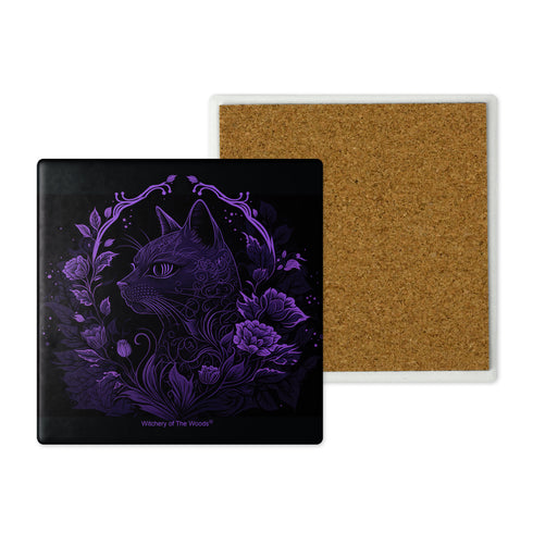 Magical cat among purple flowers stone coaster set