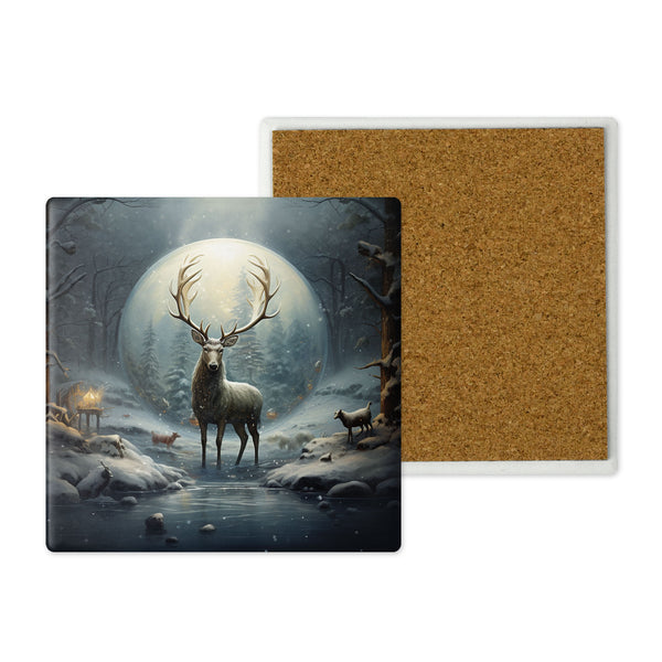 Yule deer in a snowy woodland Christmas coaster set