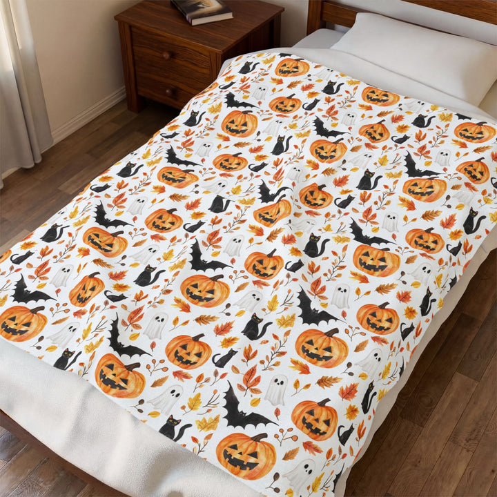 Cozy Halloween Velveteen Plush Blanket Pumpkin Decor Soft Throw For Fall, Seasonal Blanket Autumn Home Decor Spooky Cozy Blanket