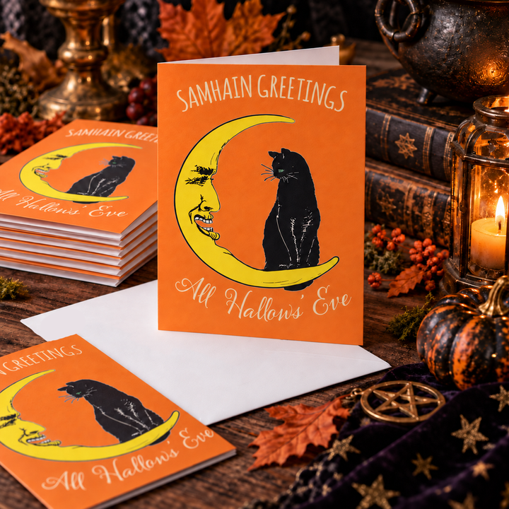 Black Cat & Full Moon Samhain Greeting Cards | Sets of 10, 30 or 50