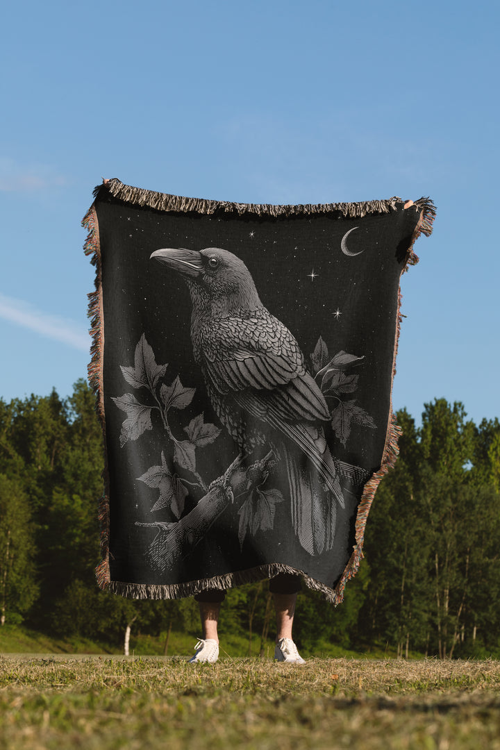 Raven in Moonlight Woven Cotton Throw Blanket - Gothic Jacquard Tapestry