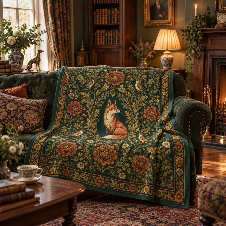 Victorian Woodland Fox Velveteen Fleece Blanket