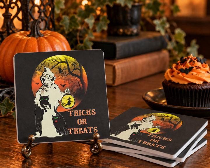 Trick or Treat Ghost & Black Cat Soapstone Coasters | Set of 4
